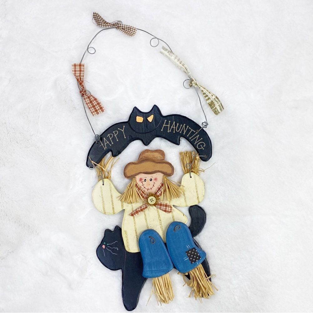Wooden Scarecrow‎ Black Cat Halloween Wall Hanging Decor